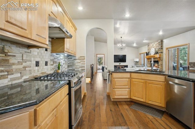20190 Deer Shadow Way, Monument, CO 80132 - kitchen featuring stainless steel appliances, ventilation hood, a sink, dark wood-type flooring, and a chandelier