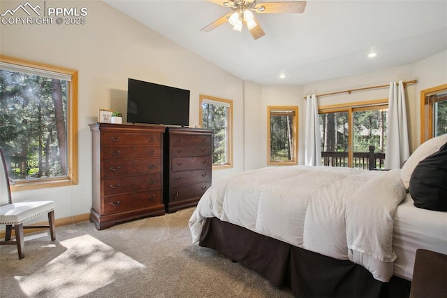 20190 Deer Shadow Way, Monument, CO 80132 - bedroom featuring access to exterior, vaulted ceiling, light colored carpet, baseboards, and recessed lighting