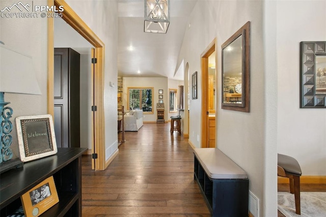 20190 Deer Shadow Way, Monument, CO 80132 - corridor featuring dark wood-style floors, baseboards, and vaulted ceiling