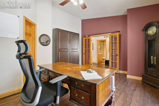 20190 Deer Shadow Way, Monument, CO 80132 - office with french doors, baseboards, ceiling fan, dark wood-style floors, and a high ceiling