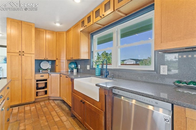 16030 Alta Plaza Cir, Peyton, CO 80831 - kitchen featuring stainless steel dishwasher, tasteful backsplash, brick patterned flooring, glass insert cabinets, and recessed lighting