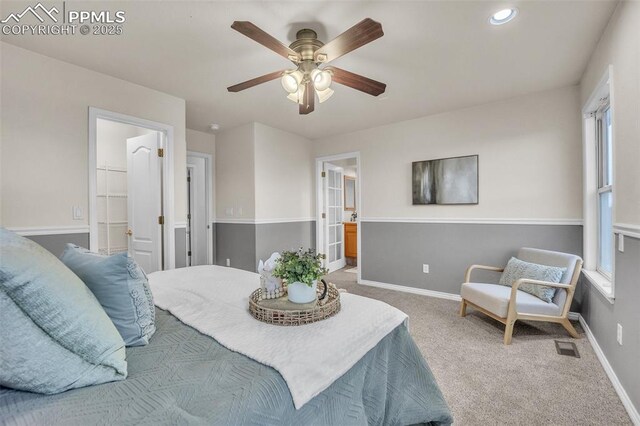 12572 Catch Pen Rd, Peyton, CO 80831 - bedroom with carpet floors, baseboards, ensuite bathroom, recessed lighting, and ceiling fan