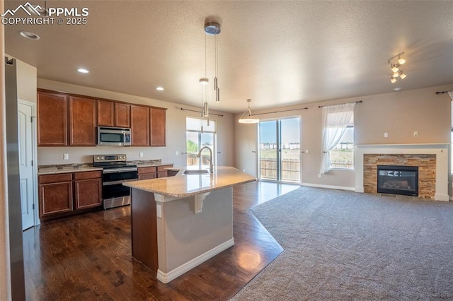 1985 Reed Grass Way, Colorado Springs, CO 80915 - kitchen with appliances with stainless steel finishes, a sink, dark wood finished floors, a stone fireplace, and brown cabinets