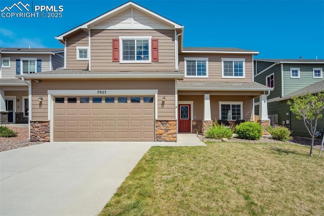 7923 Wagonwood Pl, Colorado Springs, CO 80908 - view of front facade with a front lawn, stone siding, a garage, covered porch, and concrete driveway