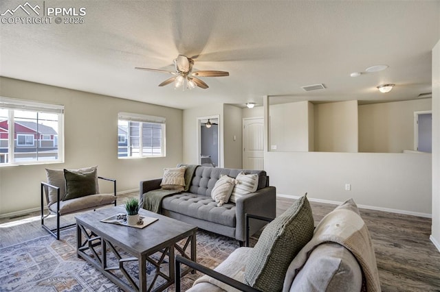 7923 Wagonwood Pl, Colorado Springs, CO 80908 - living area with a ceiling fan, baseboards, wood finished floors, and a textured ceiling