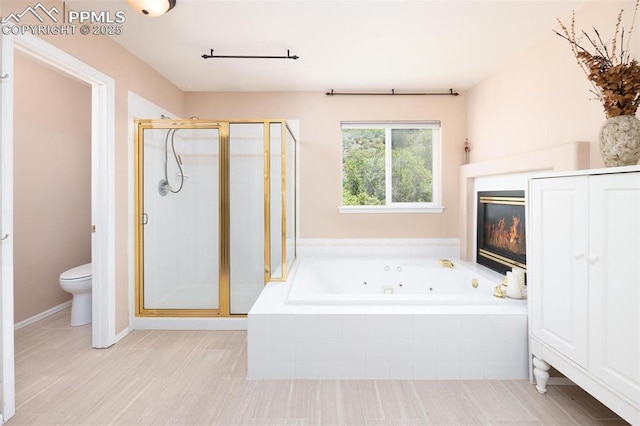 2261 Palm Dr Unit C, Colorado Springs, CO 80918 - full bathroom featuring a stall shower, a glass covered fireplace, a jetted tub, and toilet