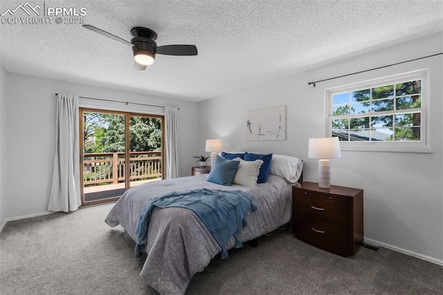 490 Wintery Cir, Colorado Springs, CO 80919 - bedroom with access to outside, carpet flooring, a textured ceiling, ceiling fan, and baseboards