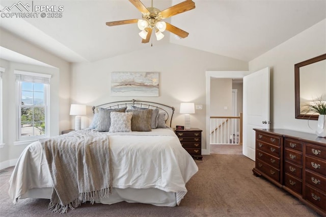 9969 Bridgeport Dr, Colorado Springs, CO 80920 - carpeted bedroom featuring vaulted ceiling, baseboards, and ceiling fan