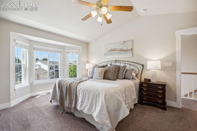 9969 Bridgeport Dr, Colorado Springs, CO 80920 - carpeted bedroom with vaulted ceiling, baseboards, and a ceiling fan