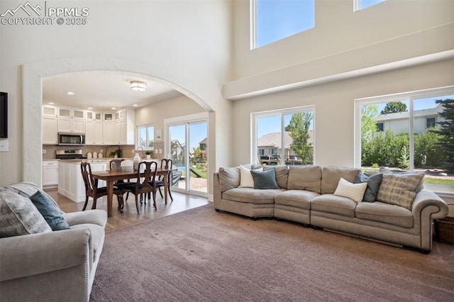 9969 Bridgeport Dr, Colorado Springs, CO 80920 - living room featuring arched walkways, plenty of natural light, and a towering ceiling