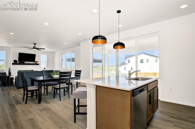 10046 Keating Dr, Peyton, CO 80831 - kitchen featuring stainless steel dishwasher, a sink, wood finished floors, a ceiling fan, and an island with sink