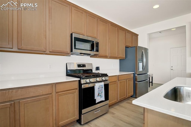 10046 Keating Dr, Peyton, CO 80831 - kitchen featuring appliances with stainless steel finishes, light wood finished floors, light countertops, and recessed lighting