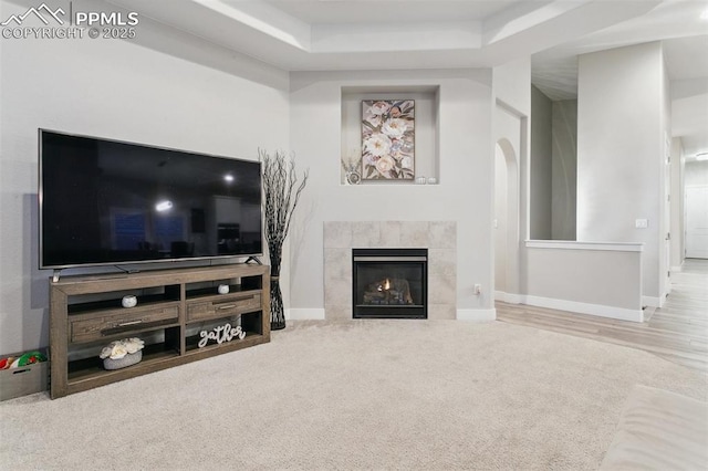5799 Adkisson Pl, Colorado Springs, CO 80924 - carpeted living area with a fireplace, baseboards, a tray ceiling, and arched walkways