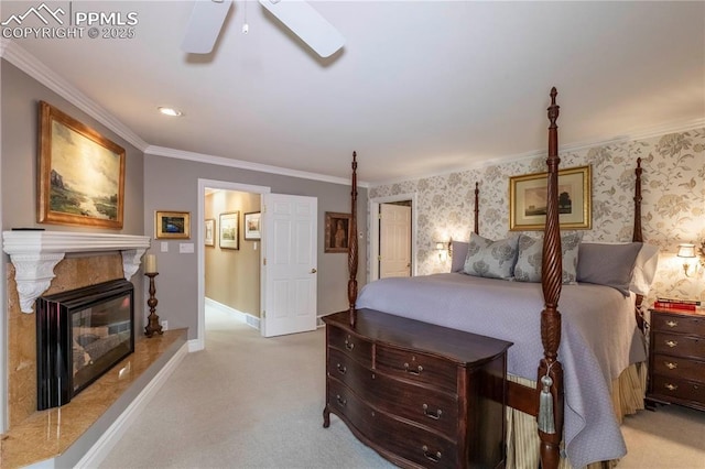 24 Upland Rd, Colorado Springs, CO 80906 - bedroom featuring light carpet, ornamental molding, baseboards, a premium fireplace, and a ceiling fan