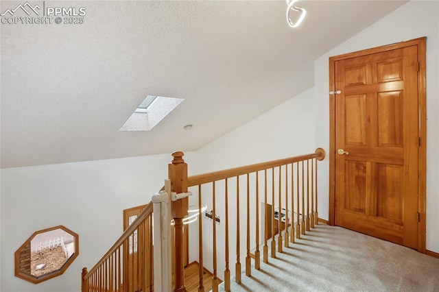 390 E Stirrup Trl, Monument, CO 80132 - corridor with a skylight, vaulted ceiling, an upstairs landing, and carpet floors