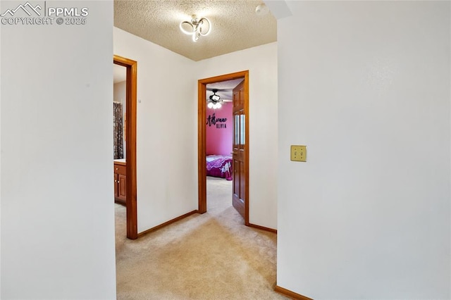 390 E Stirrup Trl, Monument, CO 80132 - hallway featuring a textured ceiling, light carpet, and baseboards