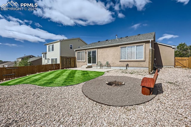 6491 Ferndale Dr, Colorado Springs, CO 80923 - rear view of property featuring stucco siding, a patio, a fire pit, and a shingled roof