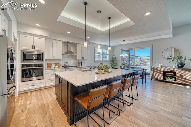 9473 Bugaboo Dr, Colorado Springs, CO 80924 - kitchen with appliances with stainless steel finishes, wall chimney exhaust hood, a sink, light wood finished floors, and a breakfast bar