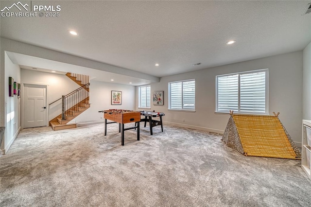 9473 Bugaboo Dr, Colorado Springs, CO 80924 - game room featuring carpet flooring, baseboards, recessed lighting, and a textured ceiling
