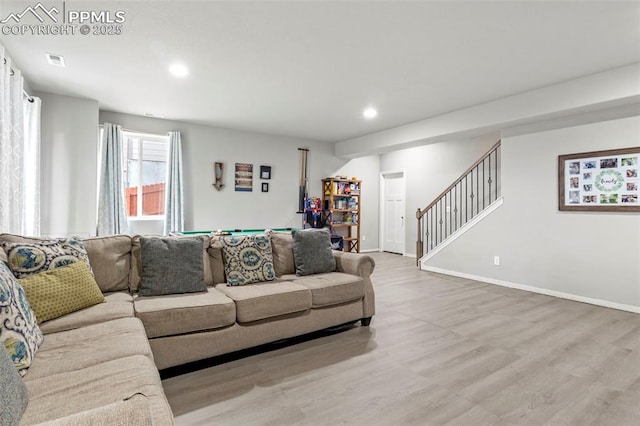 12879 Morning Creek Ln, Peyton, CO 80831 - living area with stairs, recessed lighting, light wood-style flooring, baseboards, and billiards table