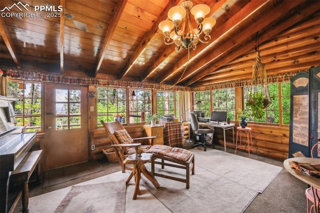 3875 Overlook Rd, Colorado Springs, CO 80906 - sunroom / solarium featuring a chandelier, wood ceiling, and carpet