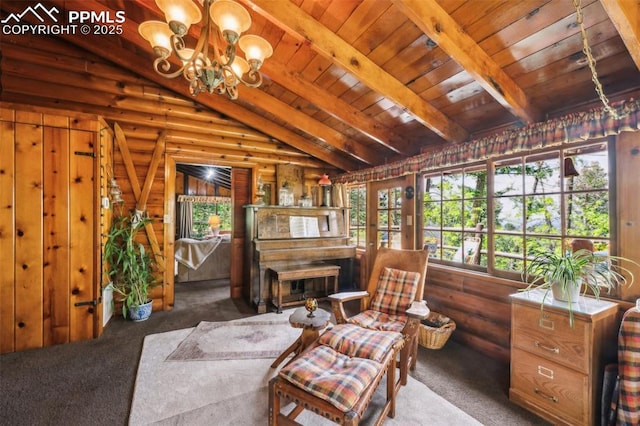 3875 Overlook Rd, Colorado Springs, CO 80906 - carpeted living room featuring wooden ceiling and a chandelier