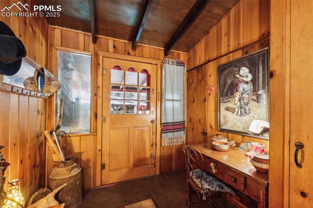 3875 Overlook Rd, Colorado Springs, CO 80906 - doorway to outside featuring wood walls, carpet floors, and wood ceiling