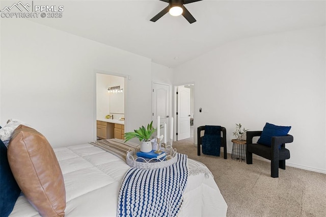 4430 Songglen Cir, Colorado Springs, CO 80906 - bedroom featuring vaulted ceiling, light carpet, ensuite bath, and ceiling fan