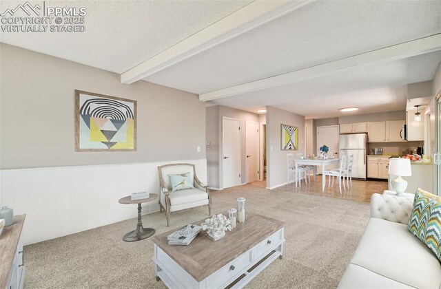 3177 Blue Mountain Way, Colorado Springs, CO 80906 - living area featuring light carpet, a wainscoted wall, and beam ceiling