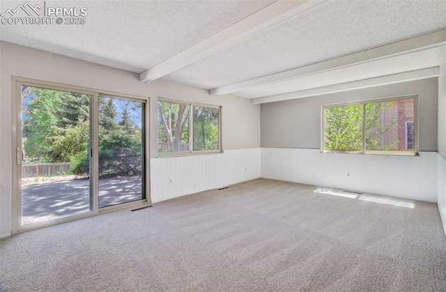 3177 Blue Mountain Way, Colorado Springs, CO 80906 - carpeted spare room featuring a textured ceiling, beamed ceiling, and a wainscoted wall