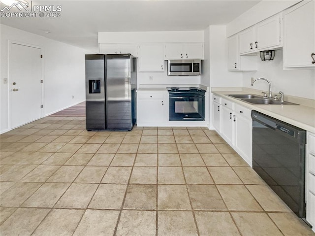 8193 Horizon Dr, Colorado Springs, CO 80920 - kitchen with black appliances, a sink, light countertops, white cabinetry, and light tile patterned floors