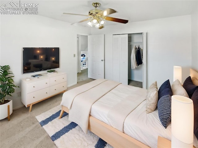 8193 Horizon Dr, Colorado Springs, CO 80920 - bedroom with light colored carpet, a closet, and a ceiling fan