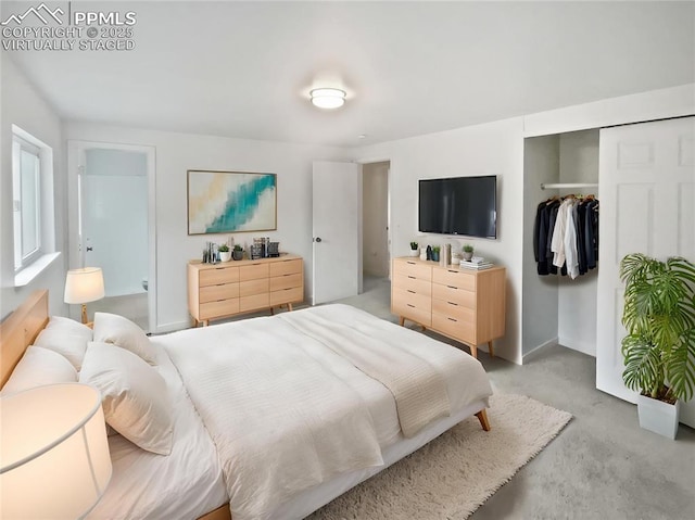 5570 Whimsical Dr, Colorado Springs, CO 80917 - bedroom featuring a closet, light carpet, and baseboards