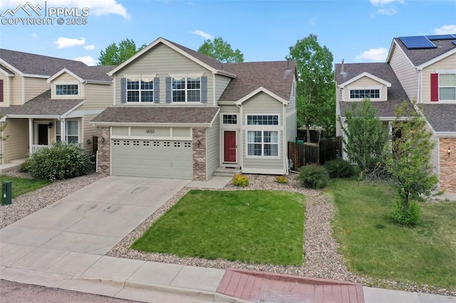 14213 Woodrock Path, Colorado Springs, CO 80921 - traditional home featuring an attached garage, driveway, and brick siding