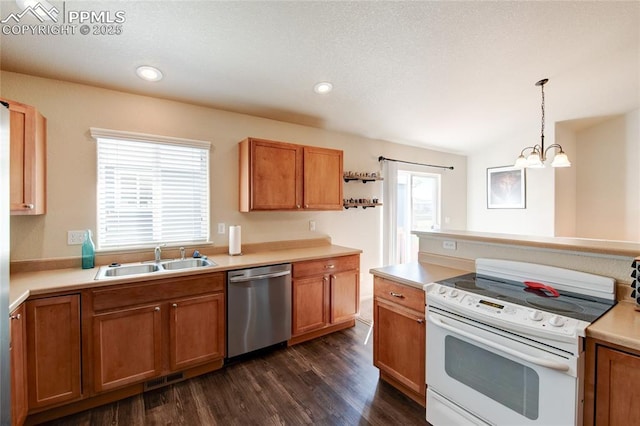 11933 Corbu Hts, Peyton, CO 80831 - kitchen featuring dishwasher, white range with electric stovetop, a sink, dark wood-style floors, and brown cabinets