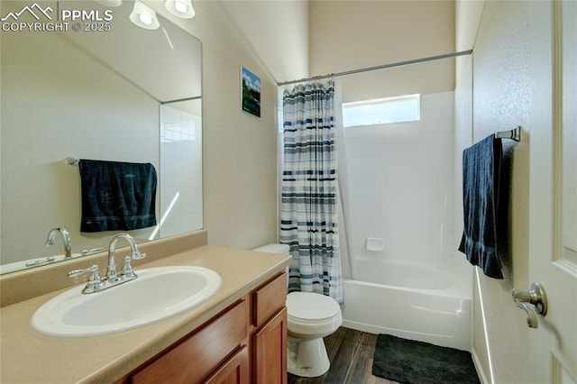 11933 Corbu Hts, Peyton, CO 80831 - full bathroom with wood finished floors, toilet, shower / bathtub combination with curtain, and vanity
