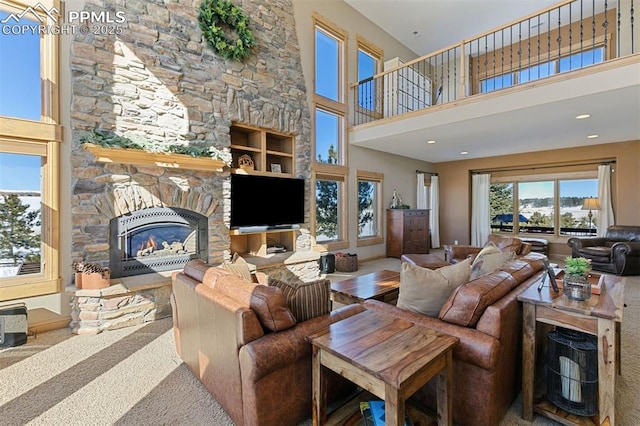 18320 Table Rock Rd, Colorado Springs, CO 80908 - living room with a high ceiling and a stone fireplace
