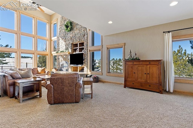 18320 Table Rock Rd, Colorado Springs, CO 80908 - living room with baseboards, light colored carpet, recessed lighting, and a high ceiling