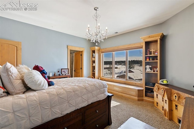 18320 Table Rock Rd, Colorado Springs, CO 80908 - carpeted bedroom featuring a chandelier