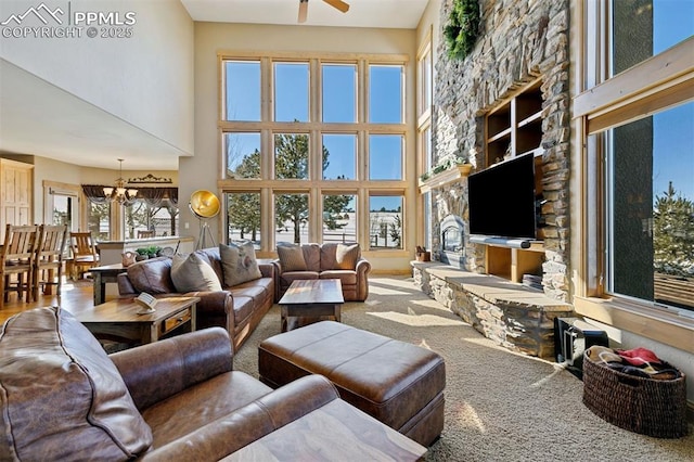 18320 Table Rock Rd, Colorado Springs, CO 80908 - living room featuring a ceiling fan and a towering ceiling