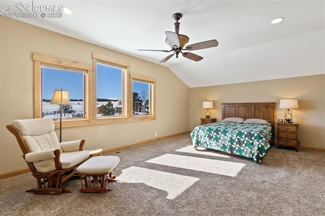 18320 Table Rock Rd, Colorado Springs, CO 80908 - carpeted bedroom with baseboards, ceiling fan, lofted ceiling, and recessed lighting