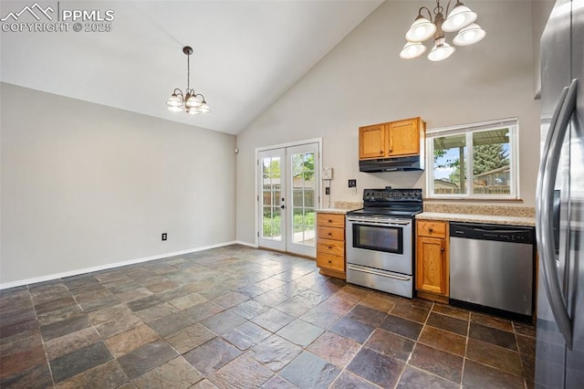 945 Bromefield Dr, Fountain, CO 80817 - kitchen featuring a chandelier, stainless steel appliances, high vaulted ceiling, stone tile floors, and french doors