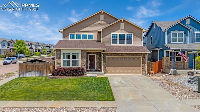 8004 Brittinger Way, Colorado Springs, CO 80951 - view of front facade featuring a garage, concrete driveway, a shingled roof, a residential view, and stone siding
