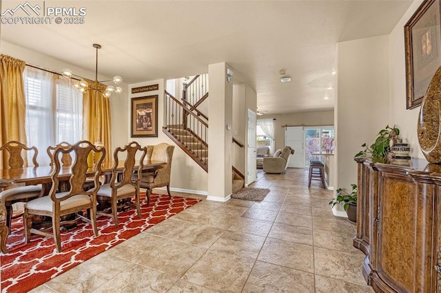 8004 Brittinger Way, Colorado Springs, CO 80951 - dining room with baseboards, stairs, and a chandelier