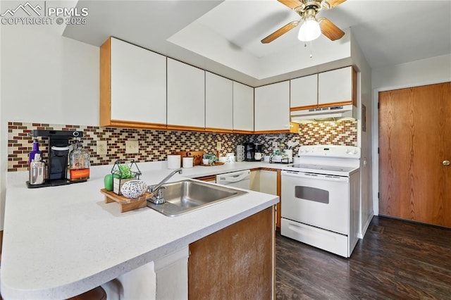 1225 Holland Park Blvd, Colorado Springs, CO 80907 - kitchen featuring white appliances, under cabinet range hood, a sink, light countertops, and a ceiling fan