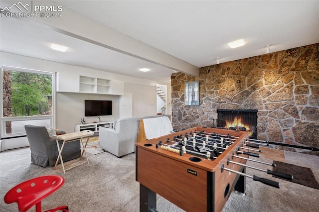 3 Heather Cir, Colorado Springs, CO 80906 - game room featuring carpet, a fireplace, and beam ceiling