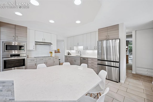 3 Heather Cir, Colorado Springs, CO 80906 - kitchen with appliances with stainless steel finishes, a sink, decorative backsplash, under cabinet range hood, and recessed lighting