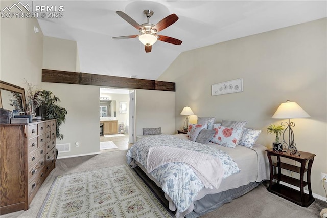 10641 Greenbelt Dr, Peyton, CO 80831 - bedroom with lofted ceiling, carpet floors, baseboards, connected bathroom, and ceiling fan