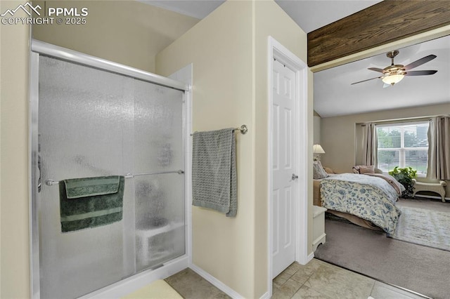 10641 Greenbelt Dr, Peyton, CO 80831 - full bathroom featuring ensuite bath, a stall shower, ceiling fan, and baseboards