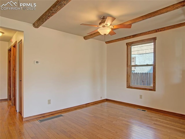 20 Swope Ave, Colorado Springs, CO 80909 - unfurnished room with beamed ceiling, light wood-style floors, a ceiling fan, and baseboards